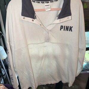 PINK Victoria's Secret Cream Pullover Quarter-Snap Sweatshirt with Black Trim
